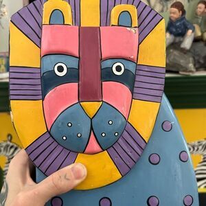 Vtg 90s Handcarved 14.5” Wooden Indonesian Painted Wood Folk Art Lion